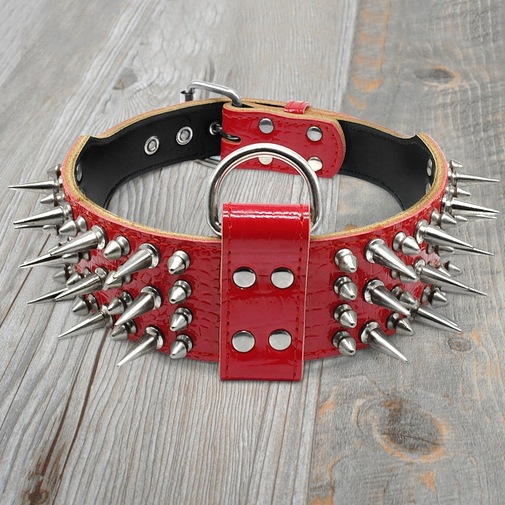 2.0&quot; Wide Luxurious Leather Dog Collar Sharp Spike Studded Dog Collars for Rottweiler Pitbull Large X-Large Training Dogs