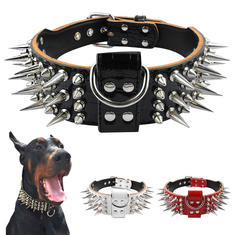 2.0&quot; Wide Luxurious Leather Dog Collar Sharp Spike Studded Dog Collars for Rottweiler Pitbull Large X-Large Training Dogs