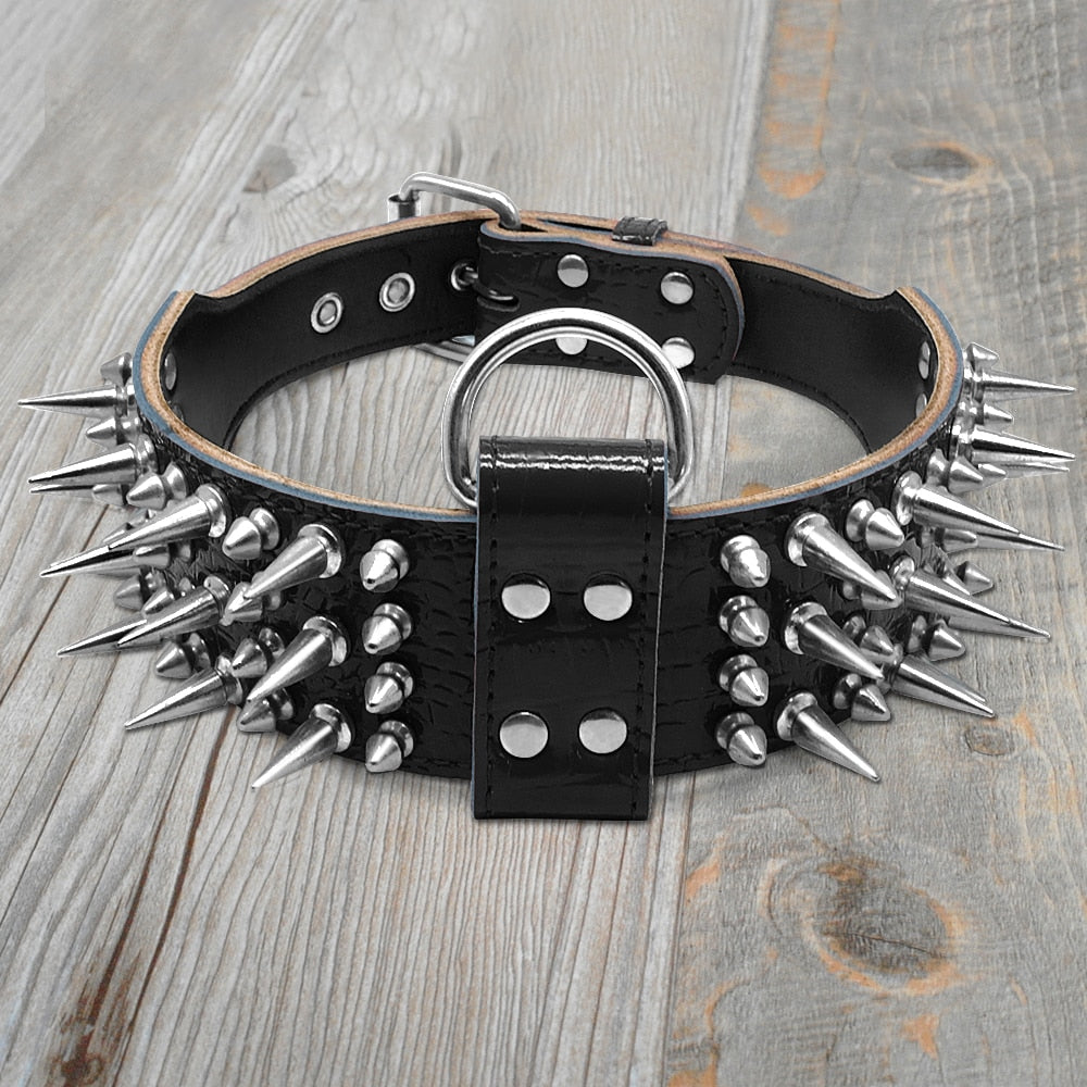 2.0&quot; Wide Luxurious Leather Dog Collar Sharp Spike Studded Dog Collars for Rottweiler Pitbull Large X-Large Training Dogs