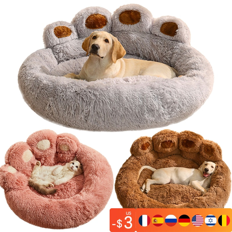 Winter Dog Bed Mat Round Large Pet Deep Sleep Pad Warm Bear Paw Shape Long Plush Soft Dog Kennel Cushion Cat Calm Sofa Dog House